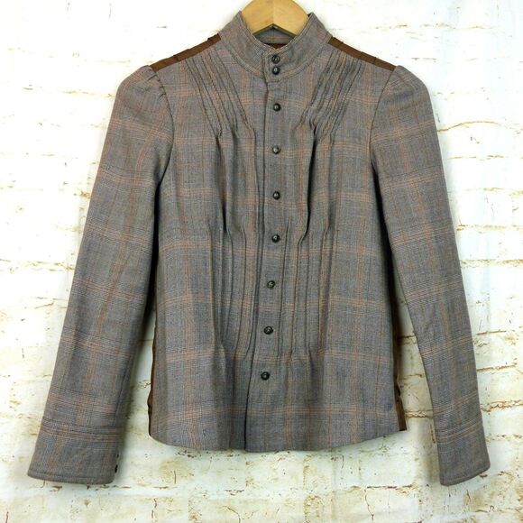 Free People Jacket Size 2 Brown Plaid Wool Button Pin Tuck Ruffle Back Military - Picture 3 of 13
